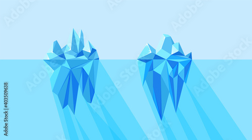 Iceberg visible and hidden parts floating in the arctic sea. North landscape with polygonal geometric iceberg. Vector illustration of blue floating glacier