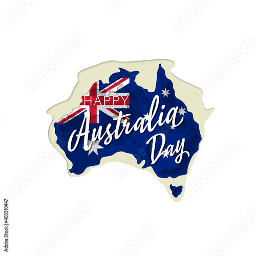 Happy Australia day lettering. Map of Australia paper cut with flag. illustration