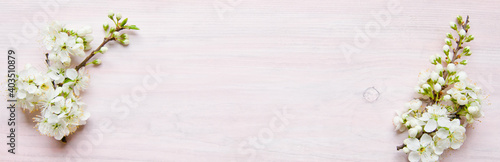 Spring flowering branch on wooden background. Copy space.