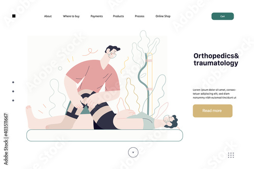 Medical insurance - orthopedic and traumathology -modern flat vector concept digital illustration - an orthopaedist attaching the orthosis to a lying female patient, medical office or laboratory