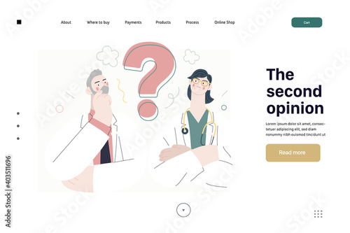 Medical insurance template -second opinion on a matter -modern flat vector concept digital illustration of two doctors and a question mark, second medical opinion metaphor, medical insurance plan