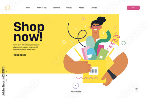 Discounts, sale, promotion - online shopping web template - modern flat vector concept illustration of a young man holding a box full of goods. Delivery and online orders concept. Shop now.