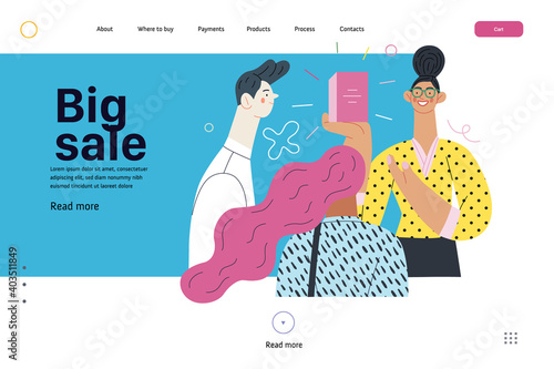 Discounts, sale, promotion - web template - shop consultant - modern flat vector concept illustration of customers and a salesperson telling about and offering the product. Big sale