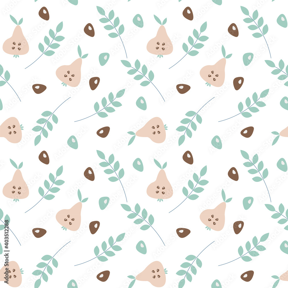 Vector seamless pattern with fruits, pears in flat style for fabrics, paper, textile, gift wrap isolated on white background. Summer background