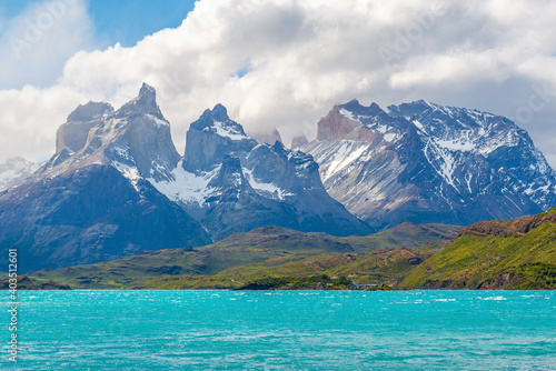 Turquoise colours of Pehoe Lake and Cuernos del Paine peaks, Torres del Paine national park, Patagonia, Chile.