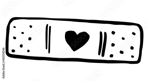 Doodle of antibacterial patch with heart. Hand drawn vector illustration. Single romantic sketch isolated on white. Cute contour drawing for st Valentines holiday design, print, card, sticker, decor.