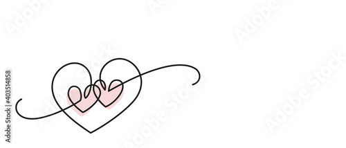 Continuous handwritten line design hearts shape with light red hearts on white background for valentines, women, mother day love greeting card banner