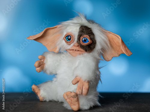 toy Gremlin Gizmo, hand made in a mixed technique from faux fur and polymer clay