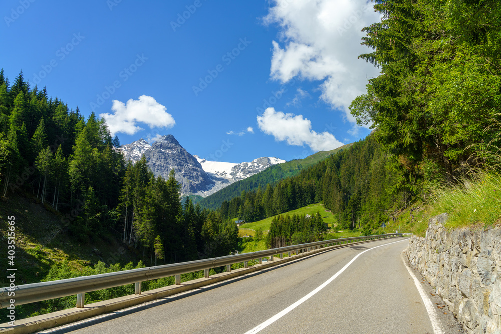 Mountain landscape along the road to Stelvio pass at summer