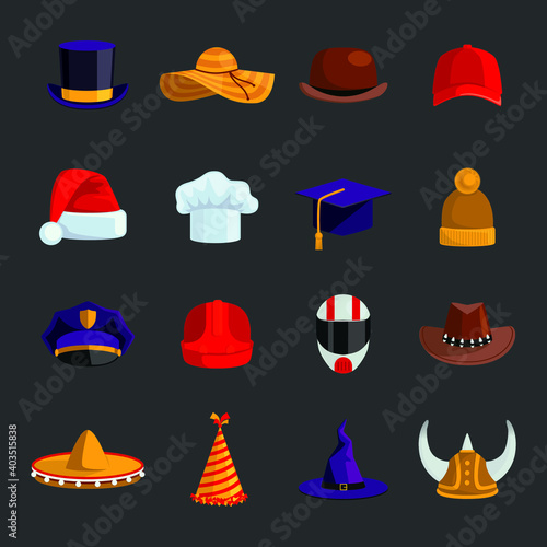 Hats and caps flat color icons set of sombrero bowler square academic hat baseball cap straw hat santa claus and clown caps isolated vector illustration