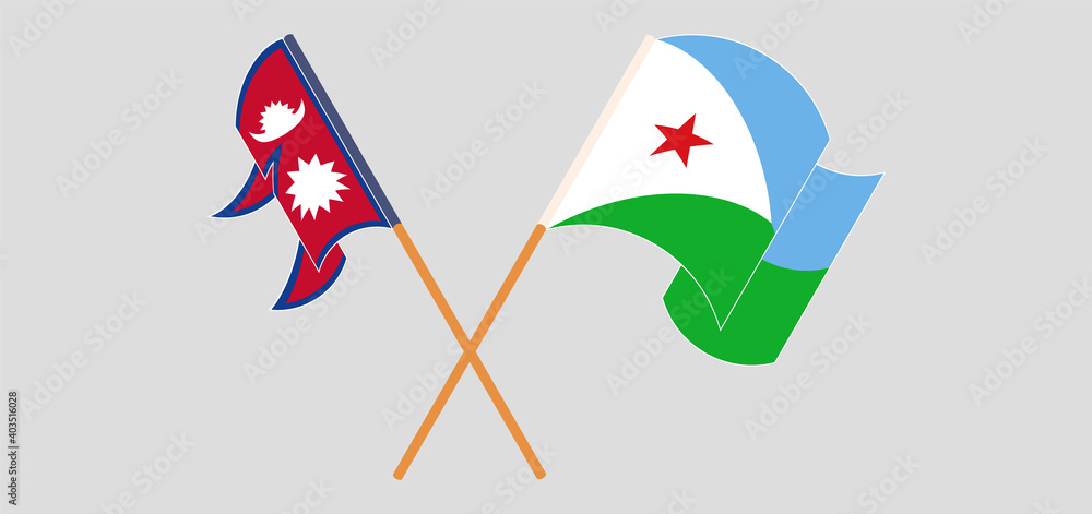 Crossed and waving flags of Nepal and Djibouti Crossed and waving flags of Nepal and Djibouti