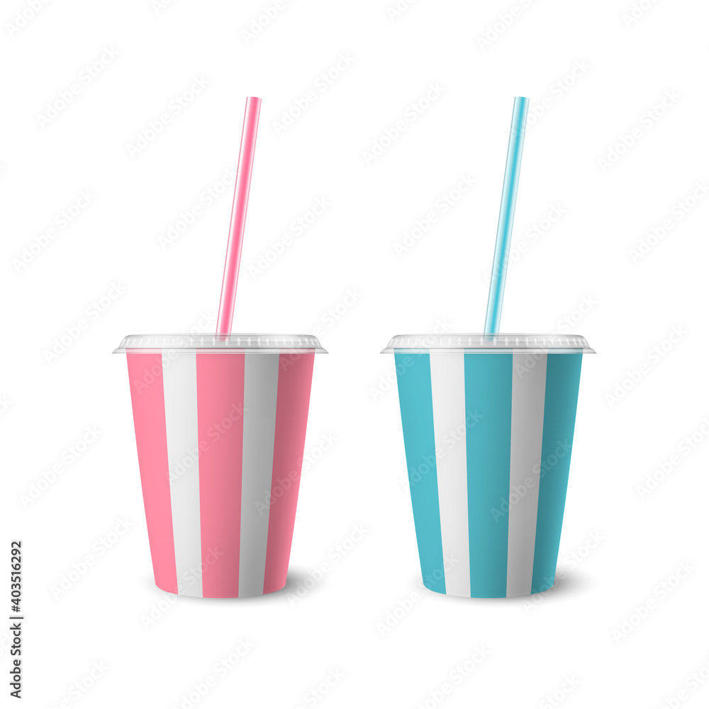 Vector 3d Realistic Striped White Paper Disposable Cup Set with Lid, Straw for Beverage, Drinks Isolated. Coffee, Soda, Tea, Cocktail, Milkshake. Design Template of Packaging for Mockup. Front View Vector 3d Realistic Striped White Paper Disposable Cup Set with Lid, Straw for Beverage, Drinks Isolated. Coffee, Soda, Tea, Cocktail, Milkshake. Design Template of Packaging for Mockup. Front View