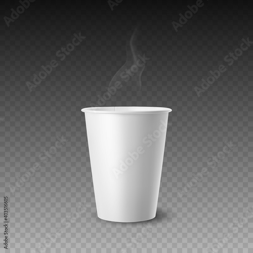 Vector 3d Realistic White Paper Glossy Disposable Cup for Beverage, Drinks with Smoke Isolated. Coffee, Soda, Tea, Cocktail, Milkshake. Design Template of Packaging for Mockup. Front View