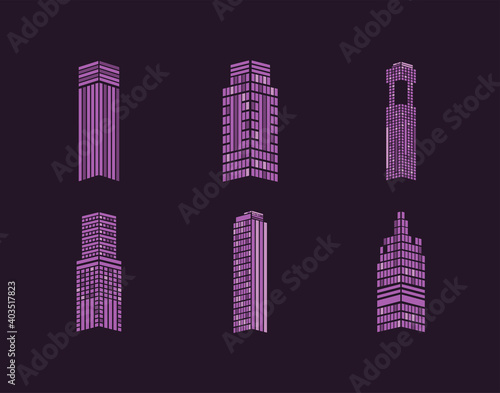 purple buildings of city icon set vector design