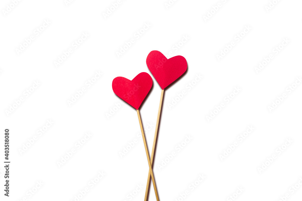 Composition Valentine's Day. Heart on a stick on a white background. Banner. Flat lay, top view