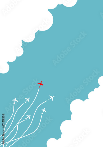 Red plane leading fly white airplanes with cloud all around. leadership, creative idea, concept.