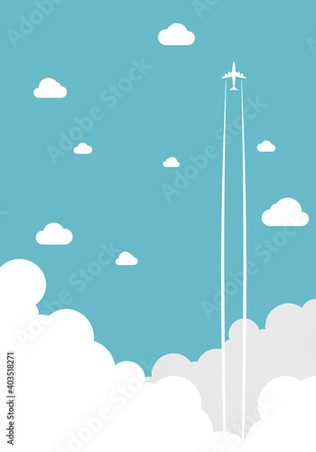White airplane flying above clouds. jet plane with exhaust white trail. airplane in blue sky. top view, vector illustration, Flat design.