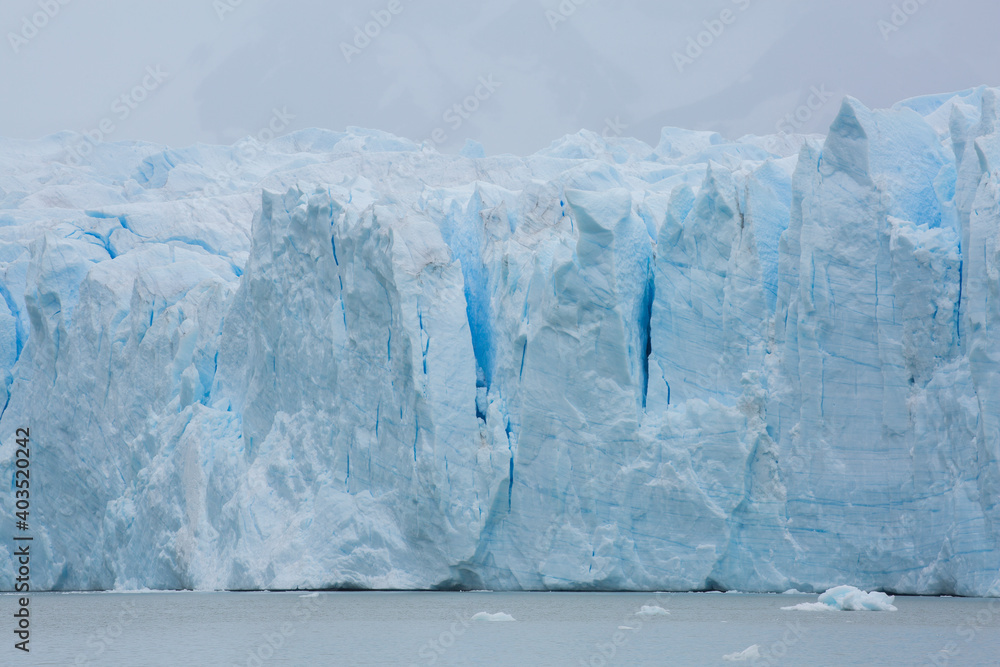 Closeup of the ice at Perito Moreno Glacier - over 78 meters tall - in Los Glaciares National Park near El Calafate, Argentina
