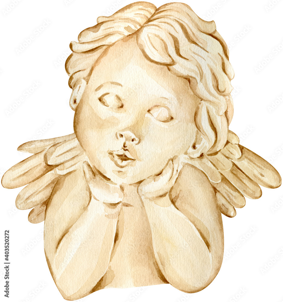 Watercolor brown angel head with wings behind. Hand-drawn illustration isolated on the white background.