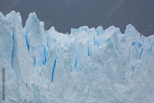 Closeup of the ice at Perito Moreno Glacier - over 78 meters tall - in Los Glaciares National Park near El Calafate, Argentina 