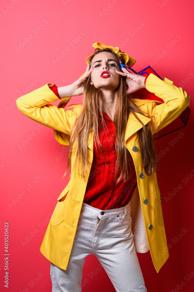 fashionable woman in stylish clothes hold shopping bags, sell out