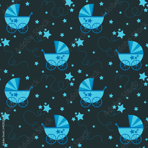 Seamless pattern with funny and cute baby carriage, stars and interrupted lines. Colored decorative endless vector illustration	