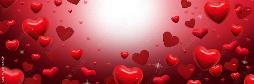 red hearts abstract background for valentines day greeting card, banner or festive wallpaper. Copy space for text, 3d illustration