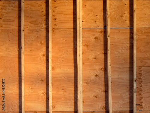 a wall of a house under construction showing studs and plywood sheathing
