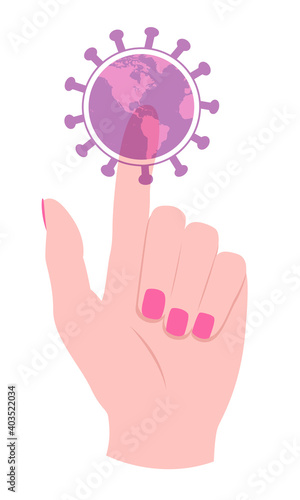 Hand touching, pressing or pointing a virus globe button with index finger. Isolated colored vector illustration in flat style on white background 