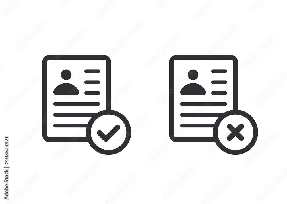 Fototapeta premium Profile icon. Id card. Personal document. Reject file. Accept document. Approved, document icon. Profile approved. Questionnaire sign. Identification card. Symbols YES and NO. Passport icon. 