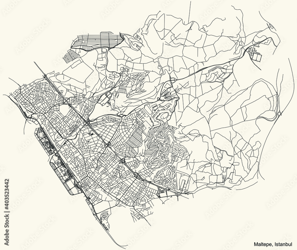 Black simple detailed street roads map on vintage beige background of the neighbourhood district Maltepe of Istanbul, Turkey