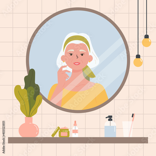 Beauty routine. Face and body skin care concept. Senior woman looking at herself in the mirror. An old woman with various cosmetics and accessories in a bathroom. Hand drawn trendy illustration. 
