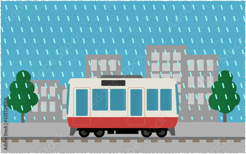 豪雨の中、都市を走る電車のベクターイラスト