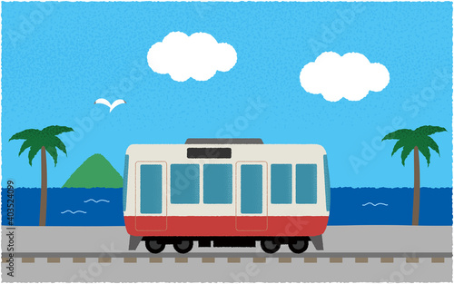 海沿いを走る電車のベクターイラスト