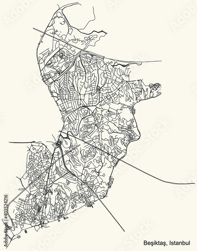 Black simple detailed street roads map on vintage beige background of the neighbourhood district Beşiktaş of Istanbul, Turkey