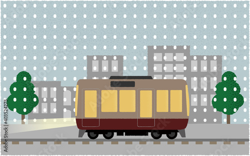 雪の中、ライトを点けて都市を走る電車のベクターイラスト