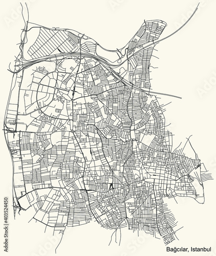 Black simple detailed street roads map on vintage beige background of the neighbourhood district Bağcılar of Istanbul, Turkey