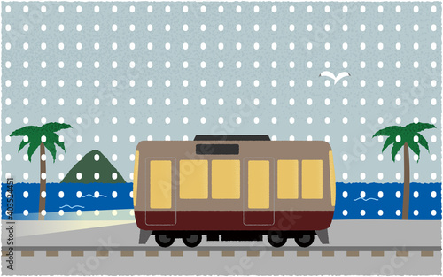 雪の中、ライトを点けて海沿いを走る電車のベクターイラスト