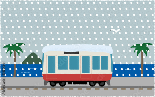 吹雪の中、海沿いを走る電車のベクターイラスト
