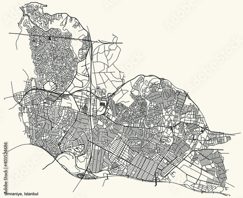 Black simple detailed street roads map on vintage beige background of the neighbourhood district Ümraniye of Istanbul, Turkey