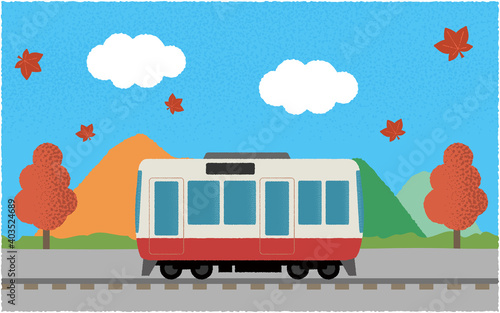 秋、山沿いを走る電車のベクターイラスト