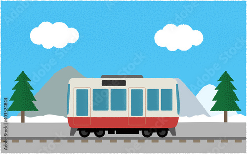 冬、山沿いを走る電車のベクターイラスト