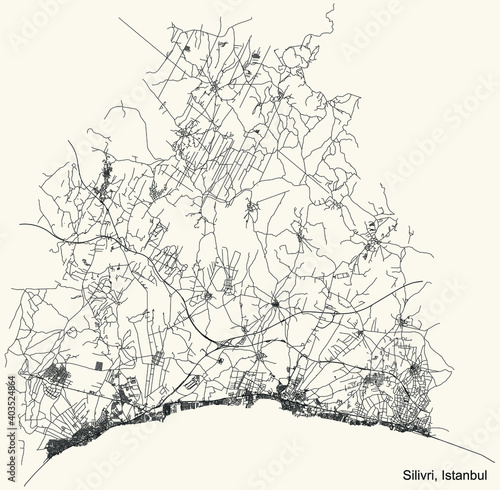 Black simple detailed street roads map on vintage beige background of the neighbourhood district Silivri of Istanbul, Turkey
