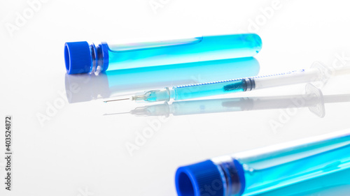 Vaccine isolated. Medical syringe with needle for protection flu virus and coronavirus. Covid immunization isolated on white. Concept fight against virus covid-19.