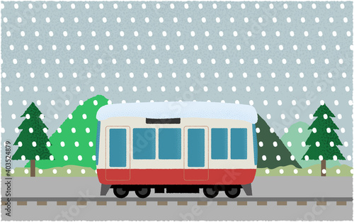 吹雪の中、山沿いを走る電車のベクターイラスト