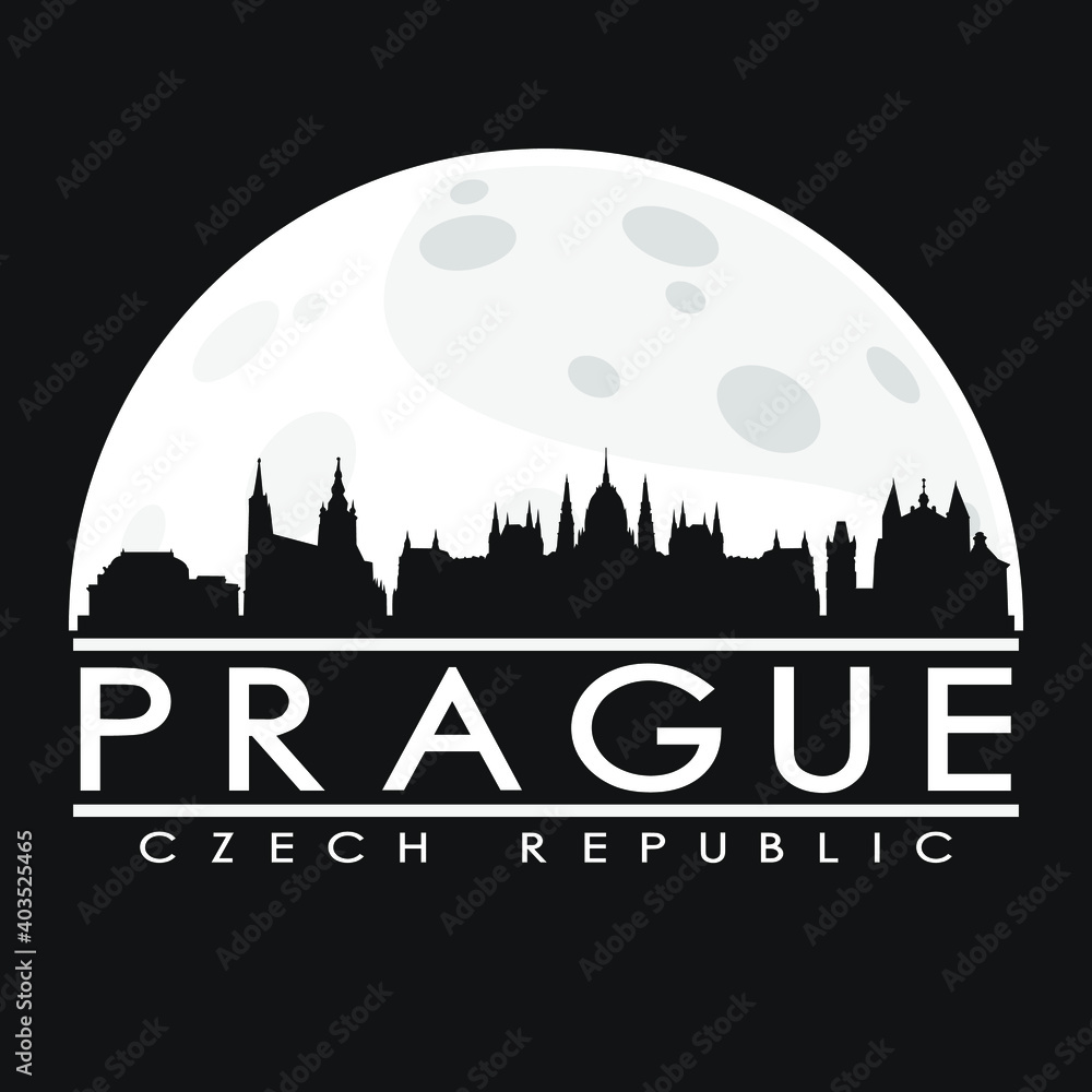 Prague Full Moon Night Skyline Silhouette Design City Vector Art Background Illustration.