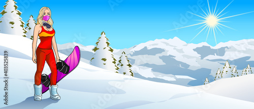 Beautiful young Woman with Breathing Mask and Snowboard in Mountain Environment Version 3