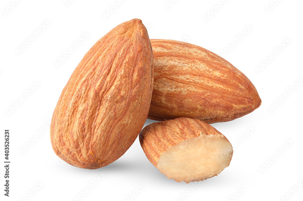 Close up peeled almonds nuts on white background isolated for your advertising with clipping path and full depth of field Close up peeled almonds nuts on white background isolated for your advertising with clipping path and full depth of field