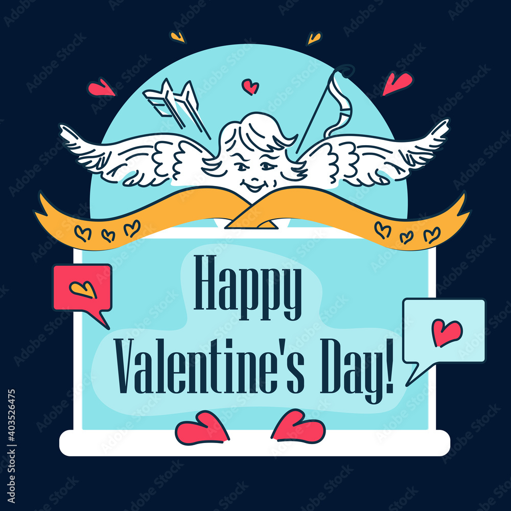 Angel in Network and notebook or Laptop with Happy Valentine's Day text for online chat. Illustration, template for Banner, Facebook cover, site, web page, congratulation postcard, stickers, banner.