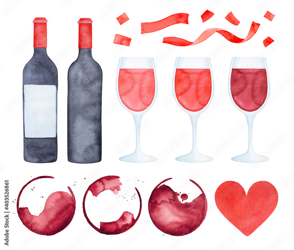 Obraz Water color set of different wine bottles, wineglasses, circle marks, heart. Hand painted watercolour graphic drawing, clipart elements for design, label, restaurant menu, holiday event invitation.